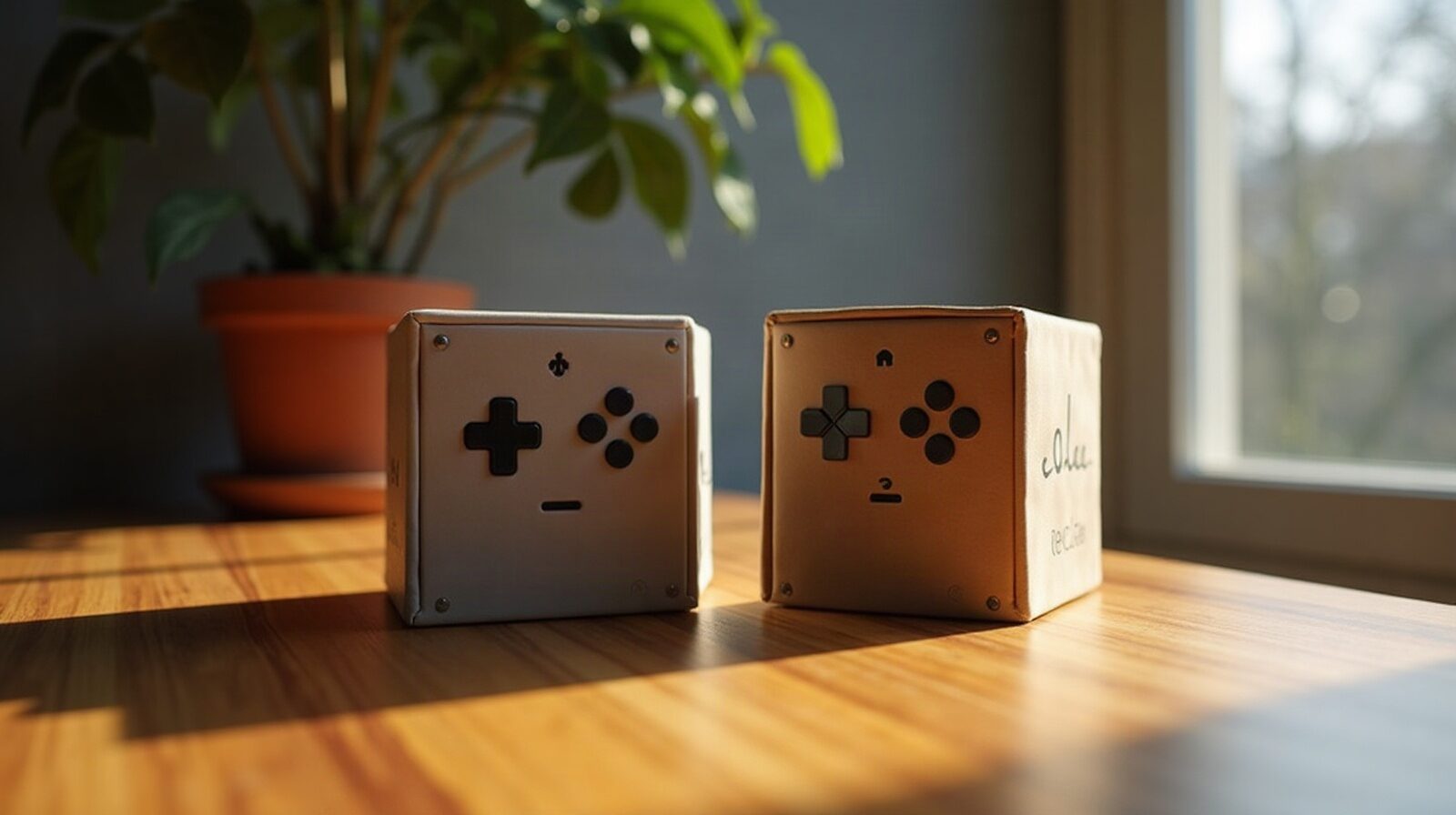 Deux boîtiers de jeu sans logo posés côte à côte sur une table en bois